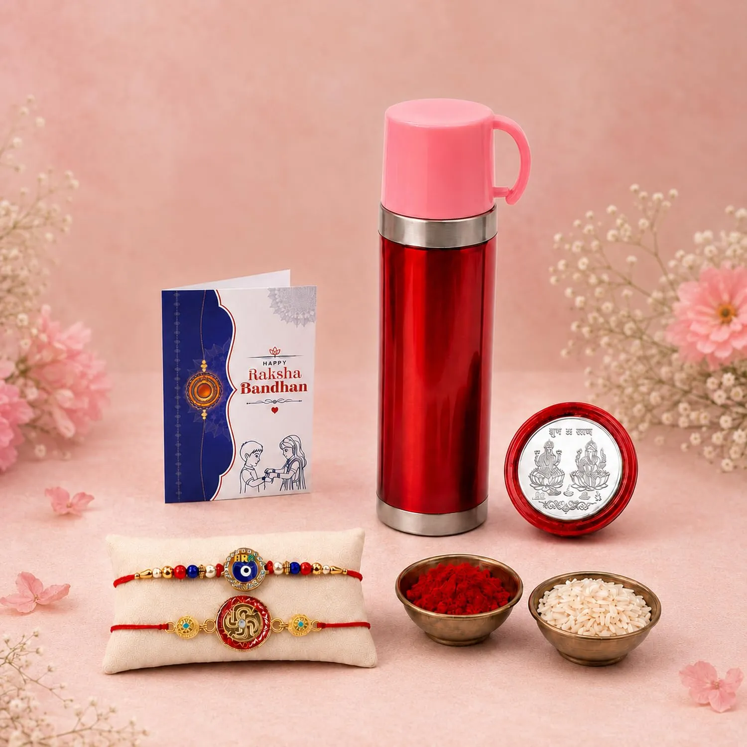Premium Rakhi Gift Combo – Swastik Evil Eye with Travel Mug 500ml - Buy Online at Alikart