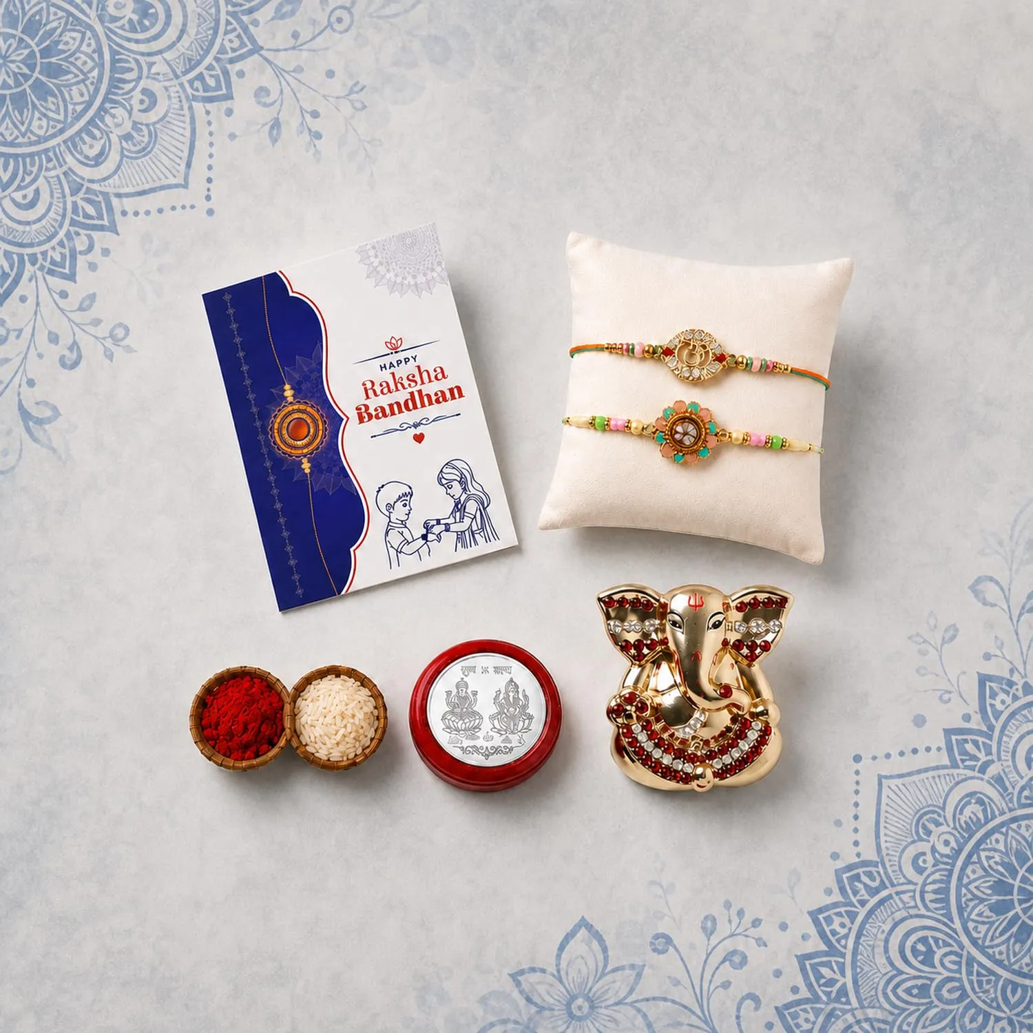 Premium Ganesh Idol Rakhi – Silver Coin Roli Chawal Gift Combo - Buy Online at Alikart