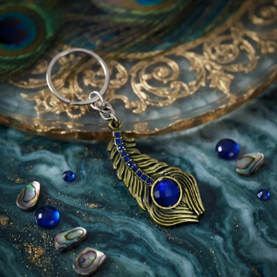 Blue Stone Peacock Feather Keychain with Silver Tone Decorative Design - Detailed Feature View 2