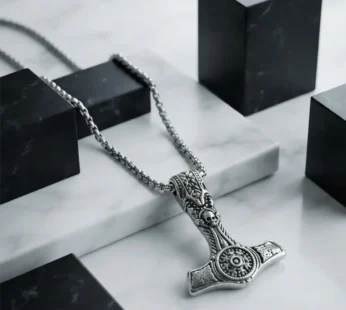 Silver Viking Hammer Pendant Necklace for Men Norse Skull Design with Box Chain