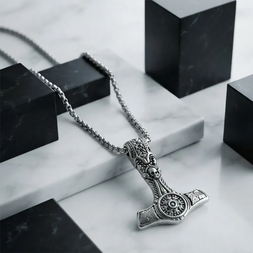 Premium Silver Viking Hammer Pendant Necklace for Men Norse Skull Design with Box Chain - Buy Online at Alikart
