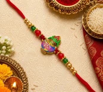 Spiritual Radha Krishna Metallic Rakhi for Brother with Peacock Feather Detail & Rhinestone Accents