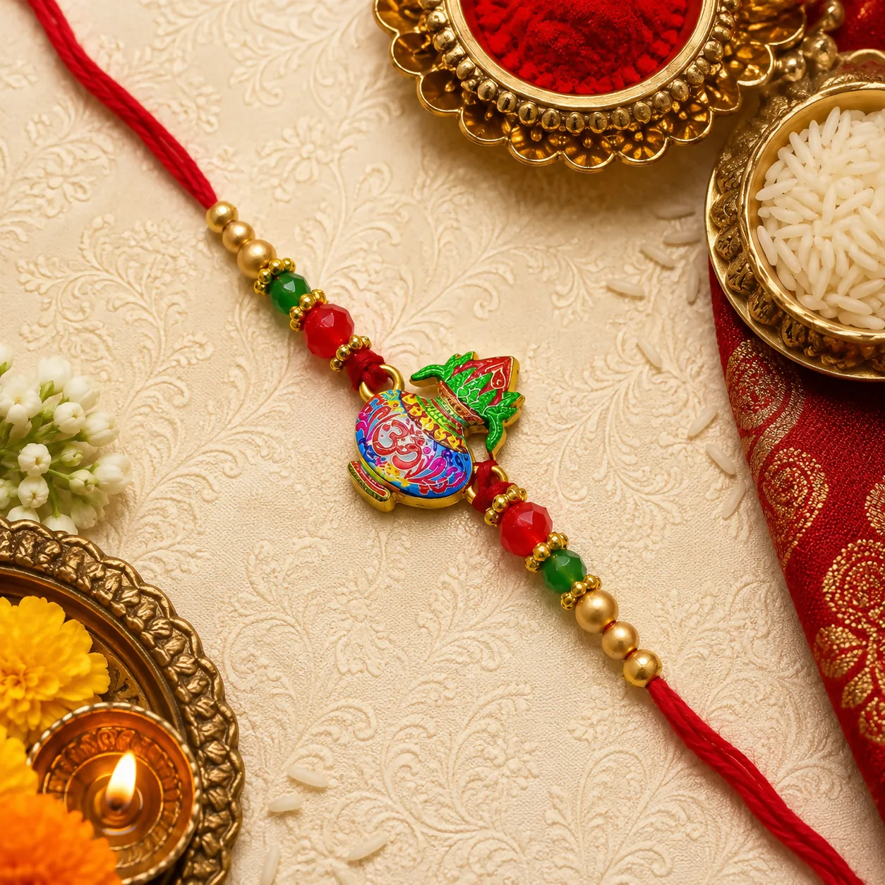 Premium Spiritual Radha Krishna Metallic Rakhi for Brother with Peacock Feather Detail & Rhinestone Accents - Buy Online at Alikart