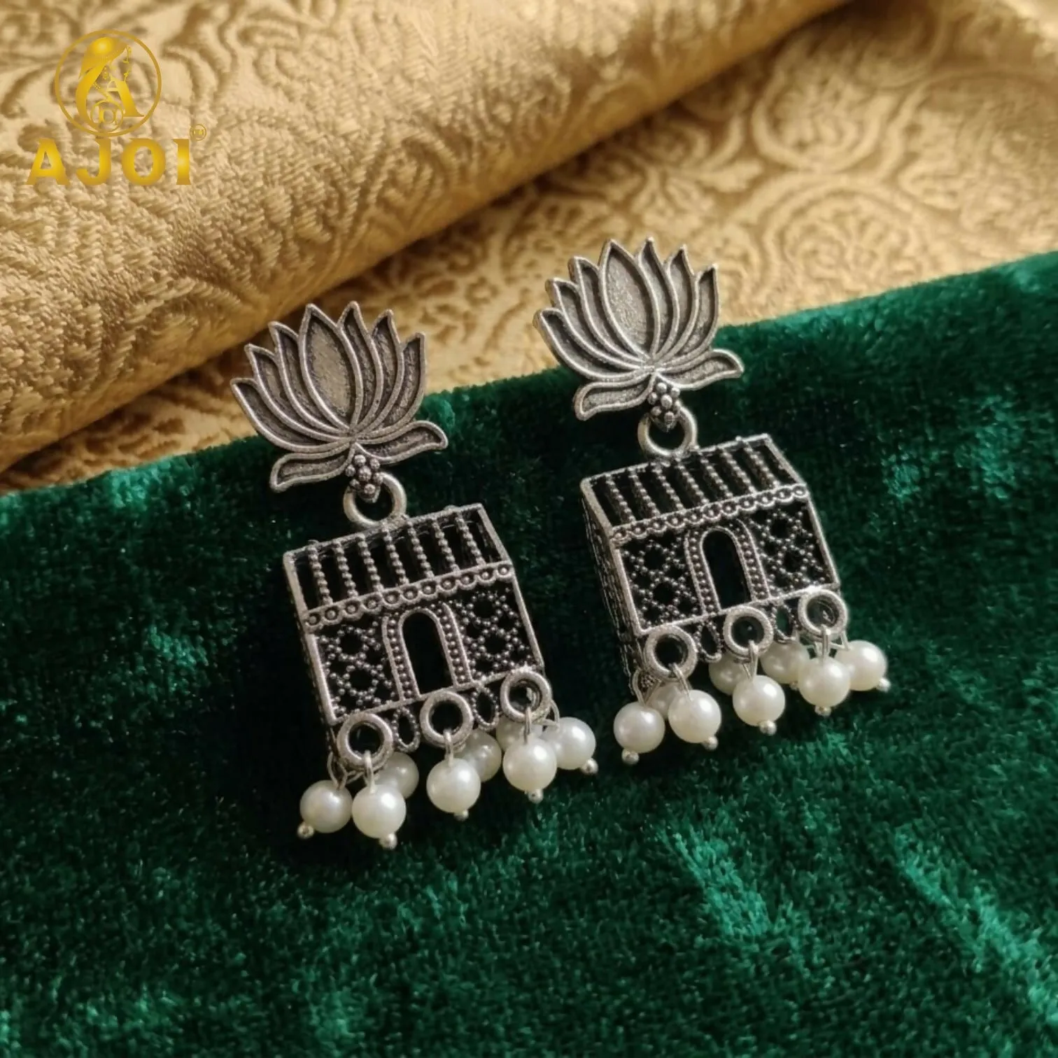 Oxidised Silver Lotus Pearl Earrings – Elegant Handcrafted Jewelry - Detailed Feature View 3
