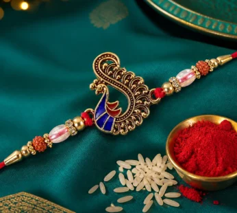 Designer Rakhi with Peacock Paisley Charm, blue stones and thread look for Gift Use