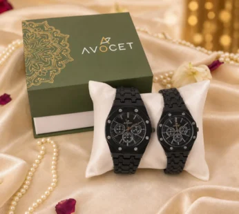 Black Dial Stainless Style Couple Watch Set with Matching Analog Design for Men Women