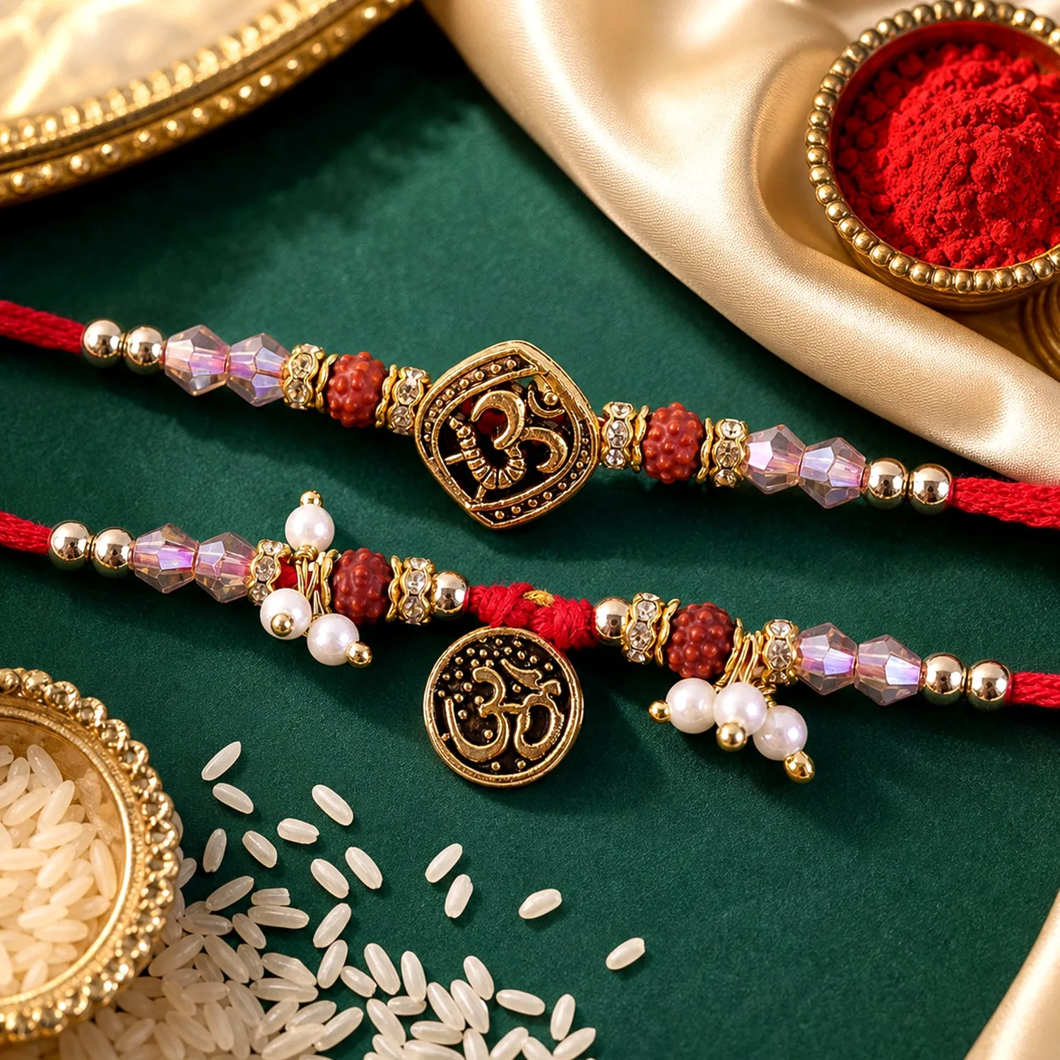 Premium Graceful OM Symbol Bhai Bhabhi Rakhi with OM Medallion and Pearl Tassel for Gifting - Buy Online at Alikart
