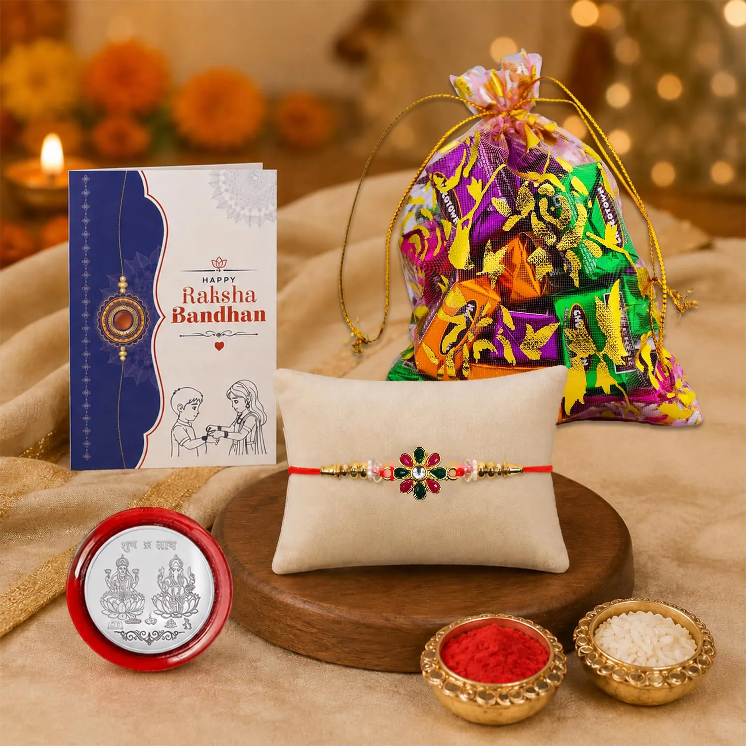 Premium Rakhi Gift Set for Brother – Flower Multicolor & Pooja Combo - Buy Online at Alikart