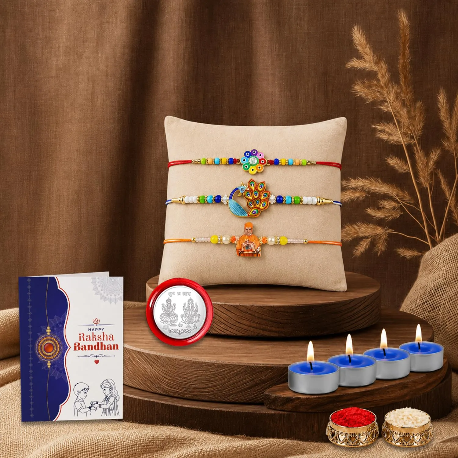 Premium Raksha Bandhan Gift Combo Swami Maharaj Rakhi Set with Candles - Buy Online at Alikart