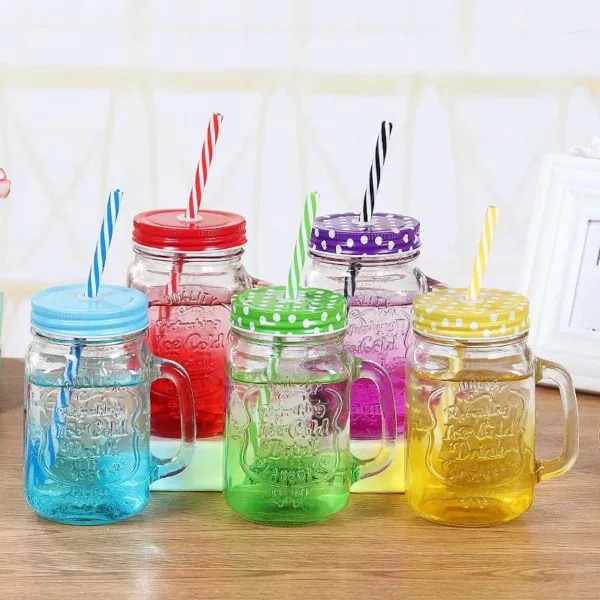 Creative Gradient Color Mason Jar Cup with Lid & Straw – Trendy Drinkware for Juice, Coffee & Smoothies (Random Color-Pack of 1)