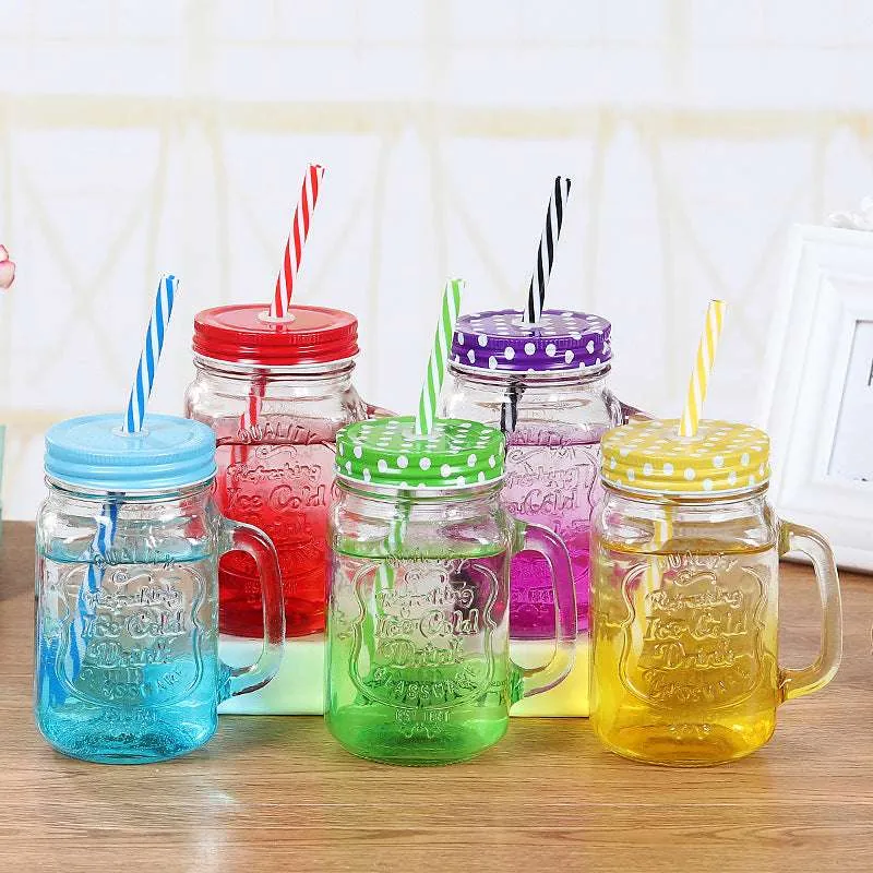 Premium Creative Gradient Color Mason Jar Cup with Lid & Straw – Trendy Drinkware for Juice, Coffee & Smoothies (Random Color-Pack of 1) - Buy Online at Alikart