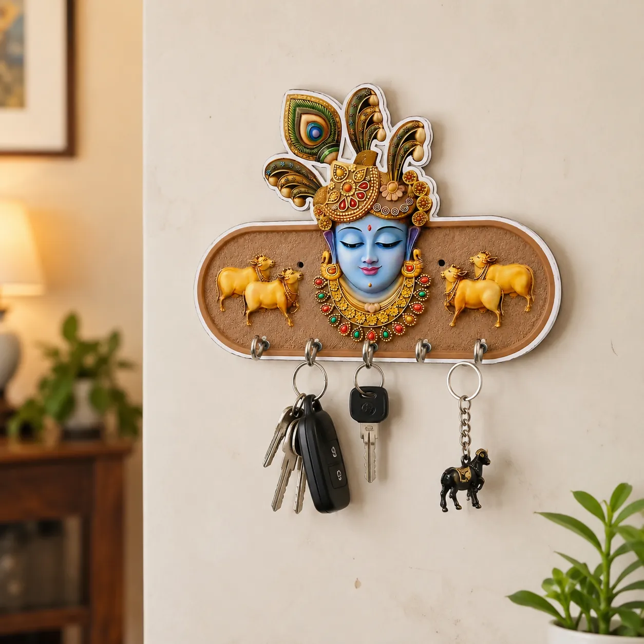 Premium Shrinathji Krishna Mukut Mor Pankh Wooden Key Holder Wall Mount 5 Hooks Home Decor - Buy Online at Alikart