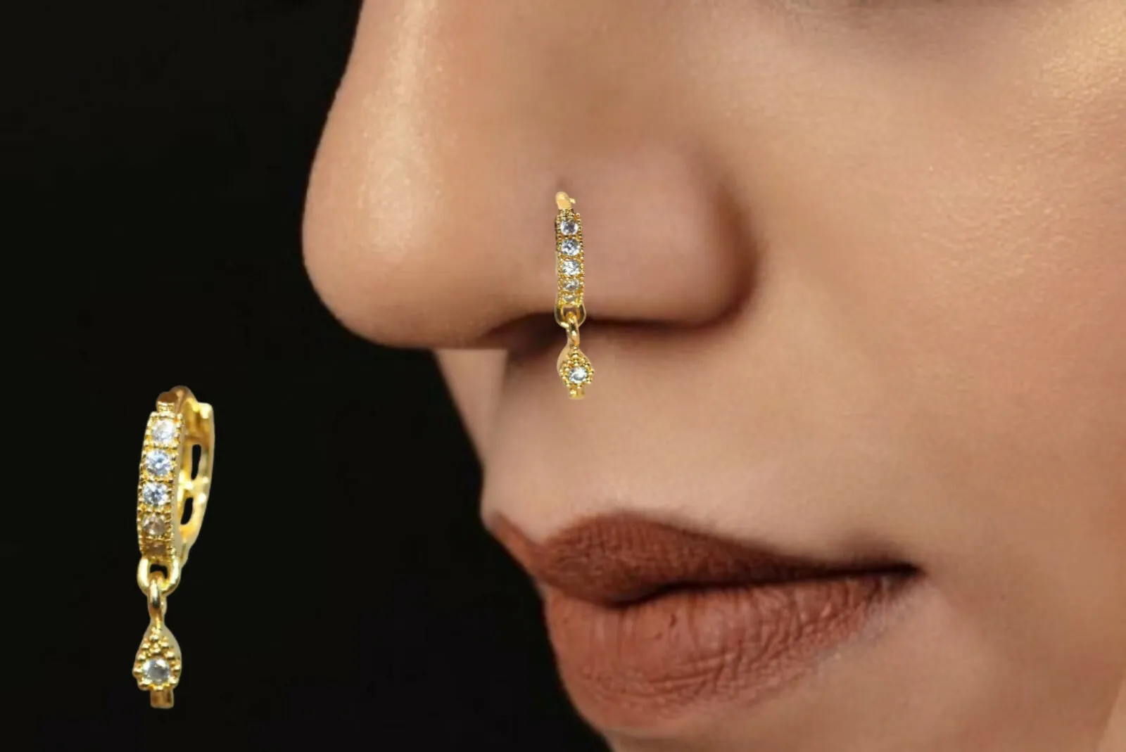 Gold Plated Crystal Huggie Hoop nosepin with AD for women and girls Combo Pack of 2 - Detailed Feature View 1