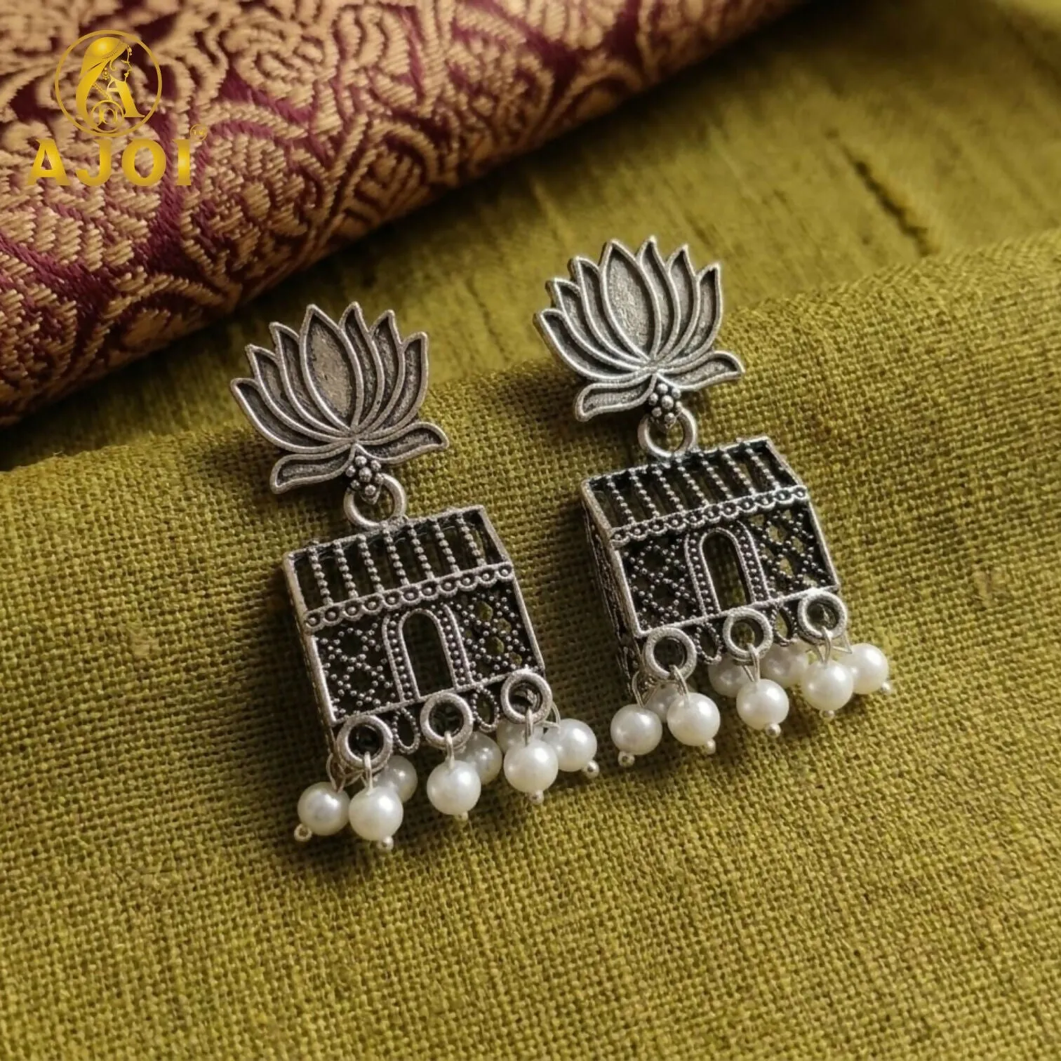 Oxidised Silver Lotus Pearl Earrings – Elegant Handcrafted Jewelry - Detailed Feature View 2