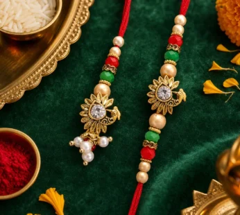 Classic Floral Motif Design Bhai Bhabhi Rakhi with Flower and Pearl Tassel for Gift