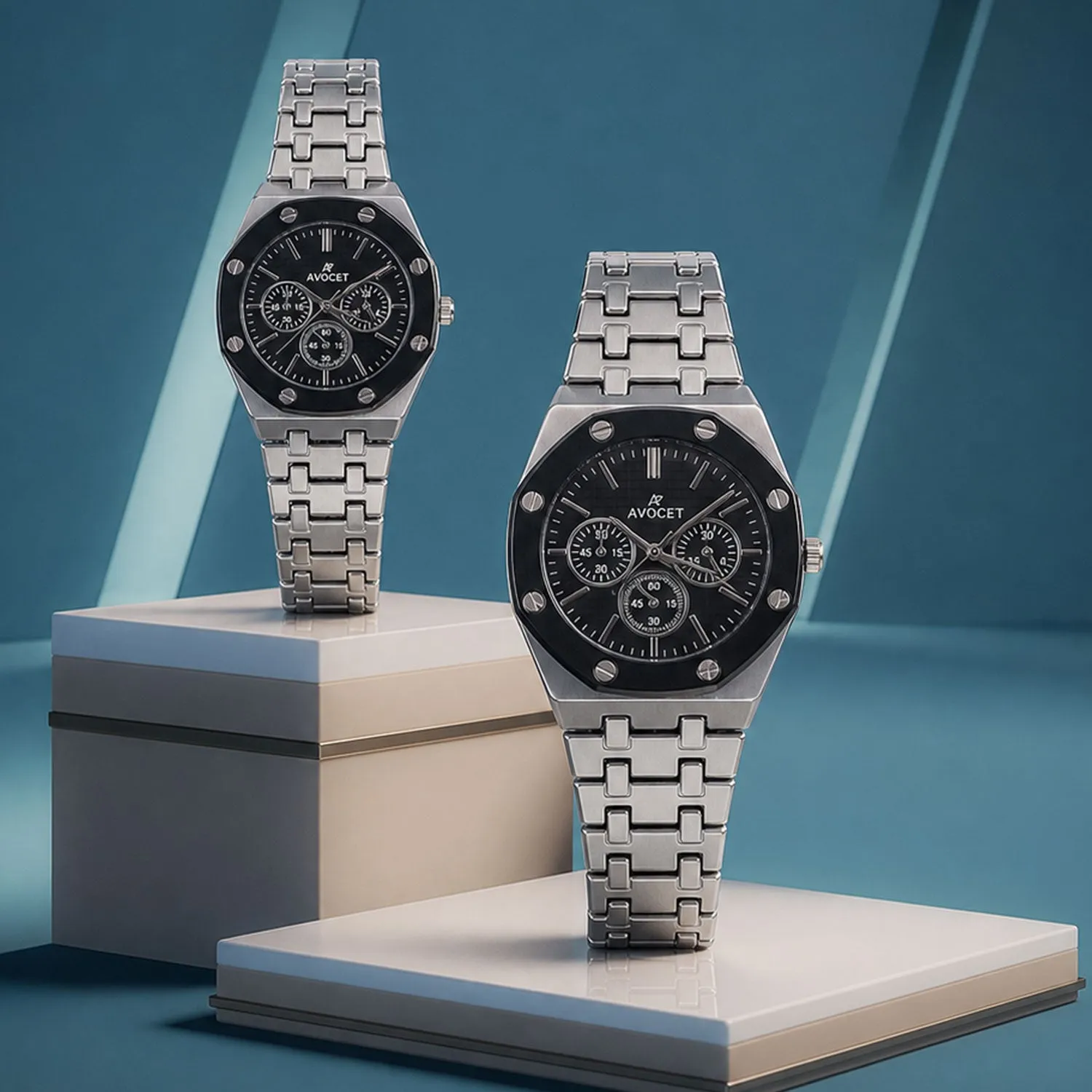 Premium Silver Couple Watch Set with Black Dial Chronograph Style Metal Strap Design - Buy Online at Alikart
