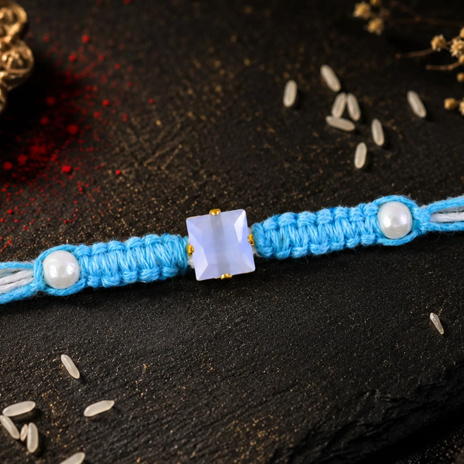 Blue Square Stone Macrame Rakhi – Pearl Beads Silver Accents
