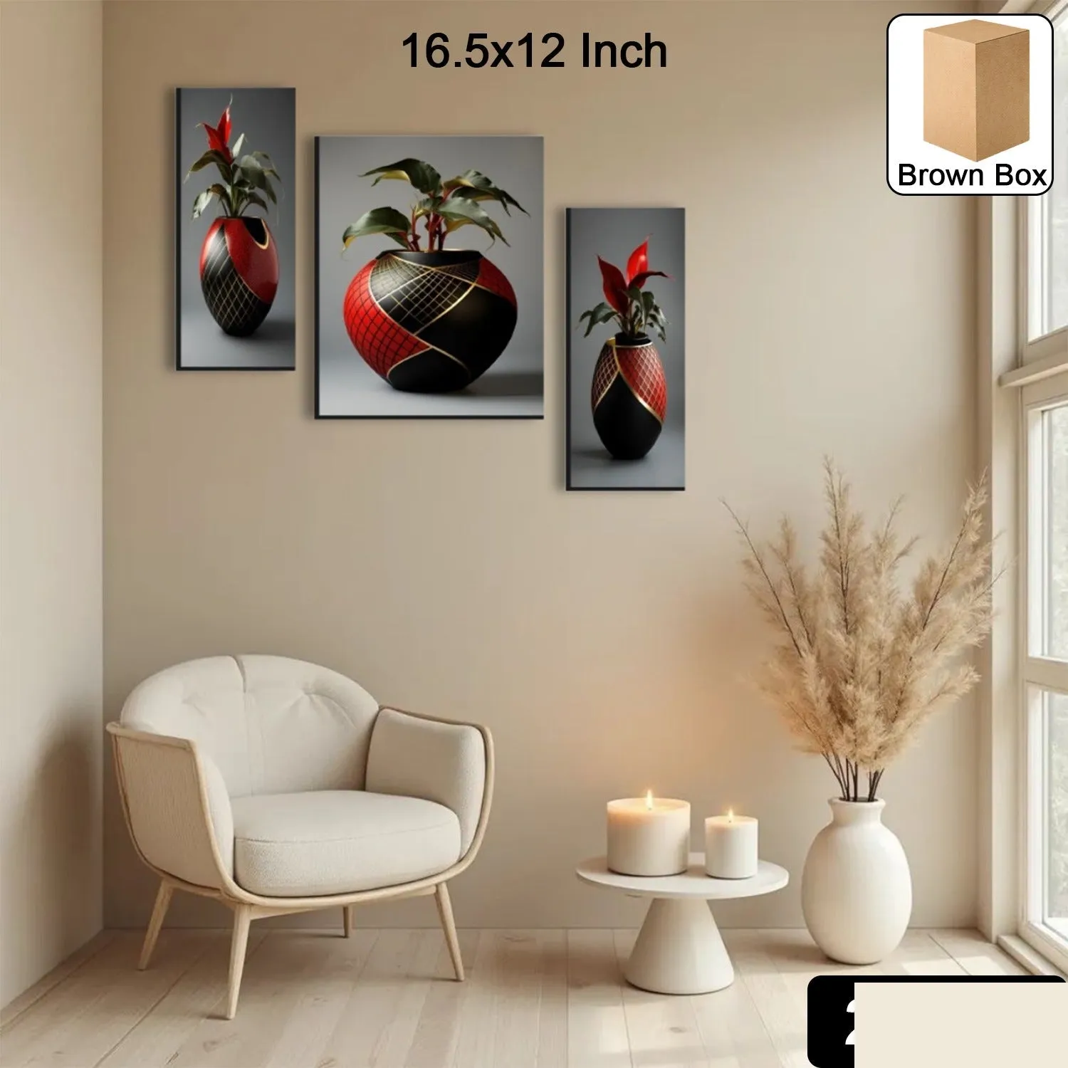 Flower Vase Wall Art – Vibrant Floral 3-Panel MDF Frame - Detailed Feature View 1