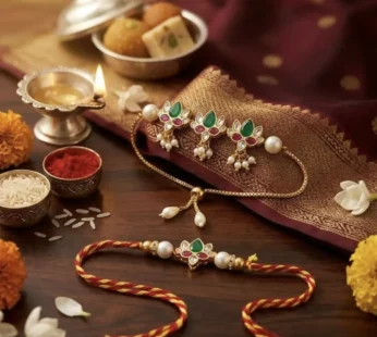 Traditional Golden-Plated Bhaiya Bhabhi Rakhi Set – Floral Kundan Rakhi for Brother & Matching Lumba Bracelet for Bhabhi