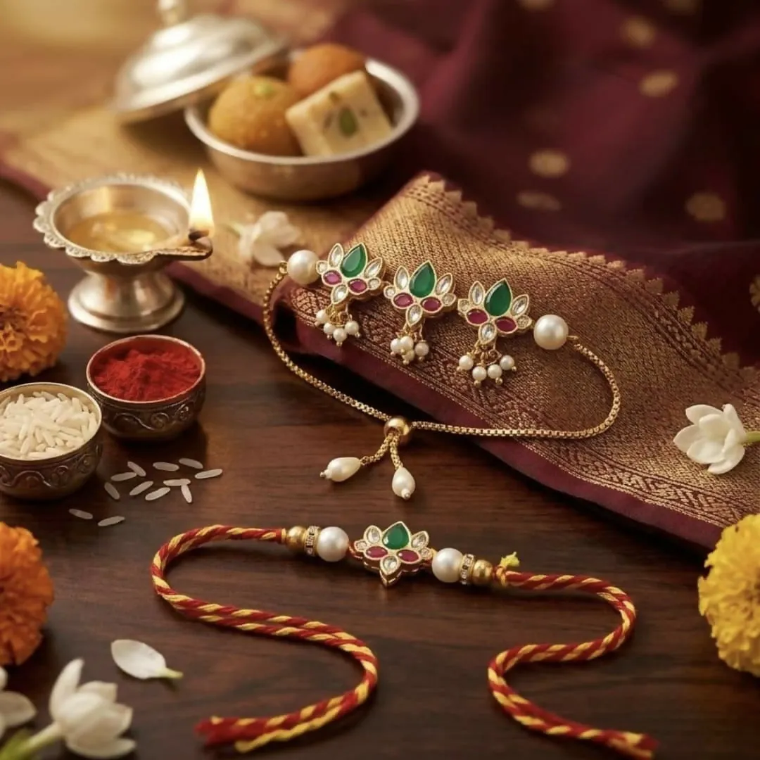 Premium Traditional Golden-Plated Bhaiya Bhabhi Rakhi Set – Floral Kundan Rakhi for Brother & Matching Lumba Bracelet for Bhabhi - Buy Online at Alikart