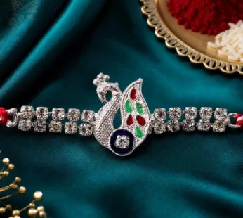 Silver-Toned Peacock Rakhi with Multicolor Enamel, Double Crystal Chain & Red Thread