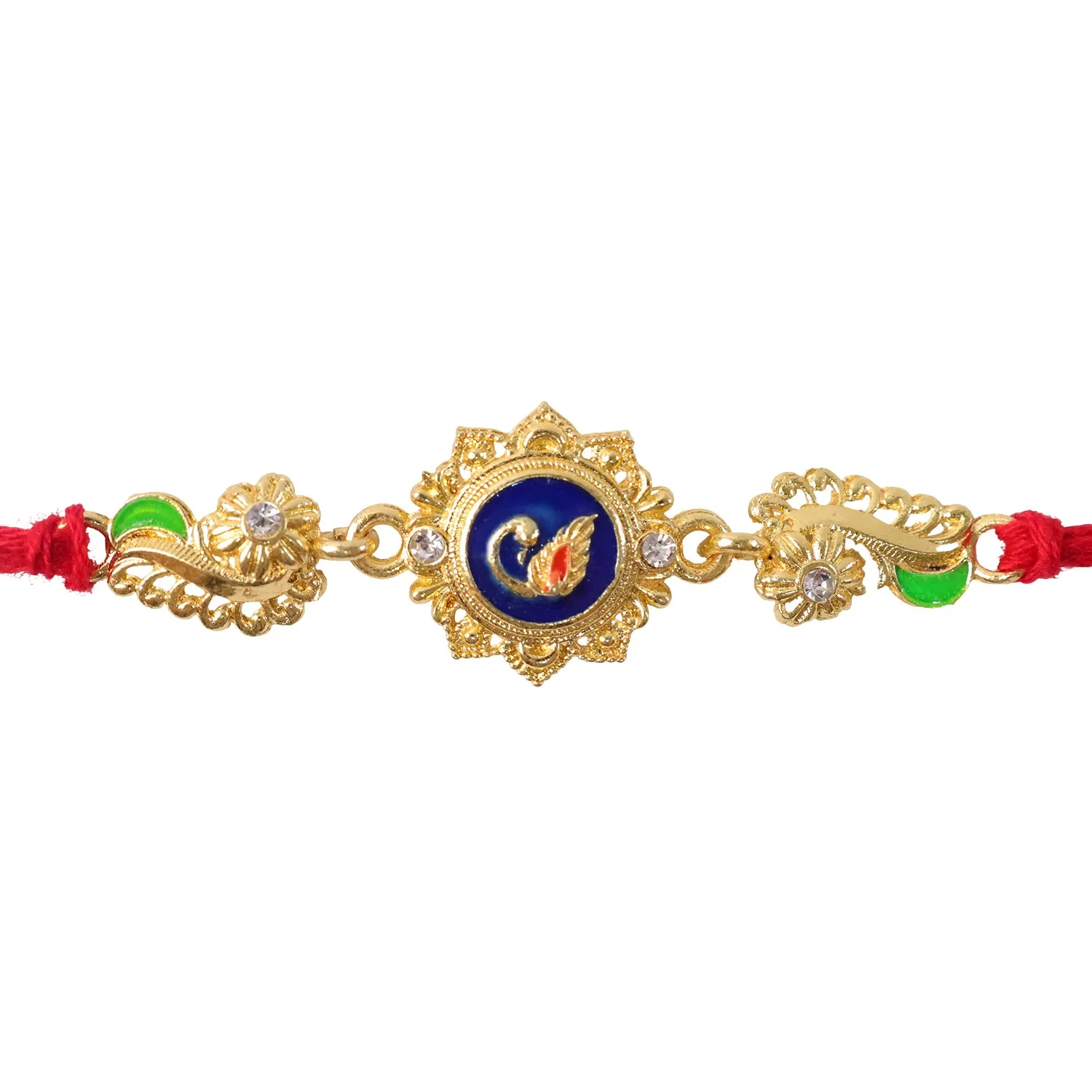 Ornate Rakhi showcasing Blue Oval Medallion, metal trims and chain look for Gift Use - Detailed Feature View 4