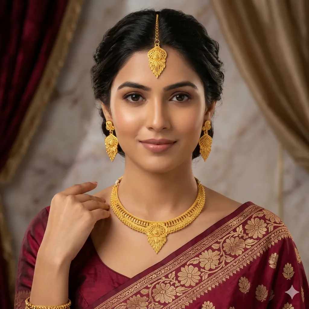 Traditional Gold Plated Haram Necklace Set with Earrings and Maang Tikka for Women - Detailed Feature View 1