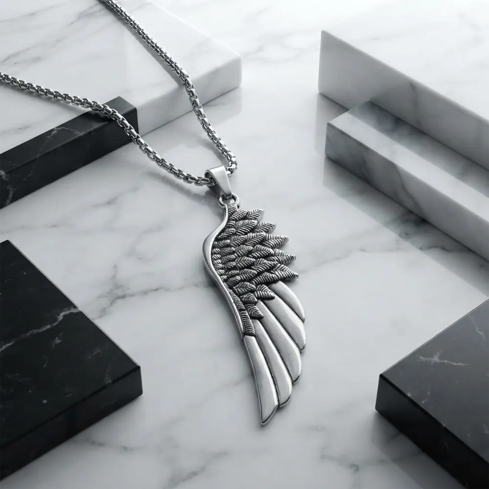 Premium Silver Angel Wing Pendant Necklace for Men Feather Design with Box Chain Neckpiece - Buy Online at Alikart