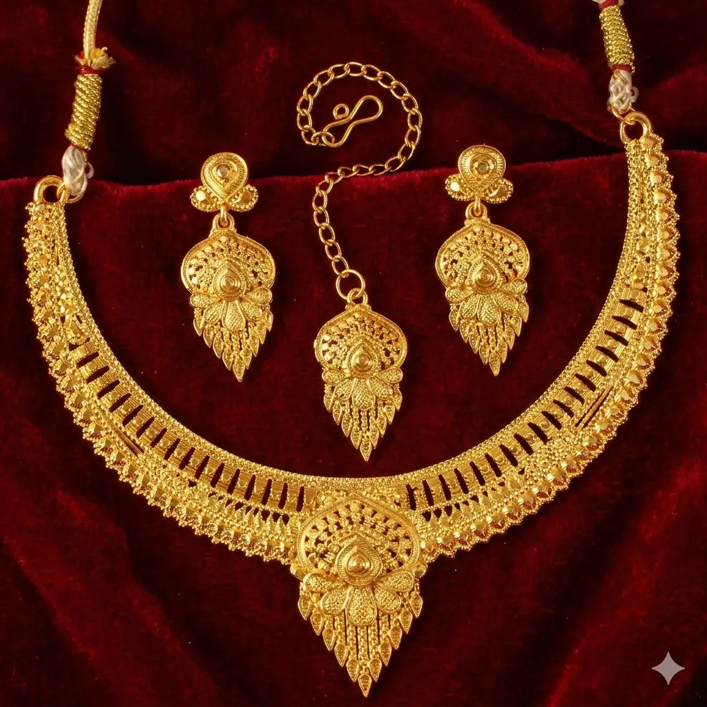 Traditional Gold Plated Haram Necklace Set with Earrings and Maang Tikka for Women - Detailed Feature View 2