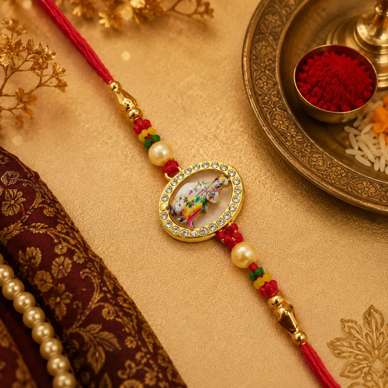 Premium Murlidhar Krishna Oval Rakhi with American Diamond Stones, Pearls & Golden Beadwork - Buy Online at Alikart