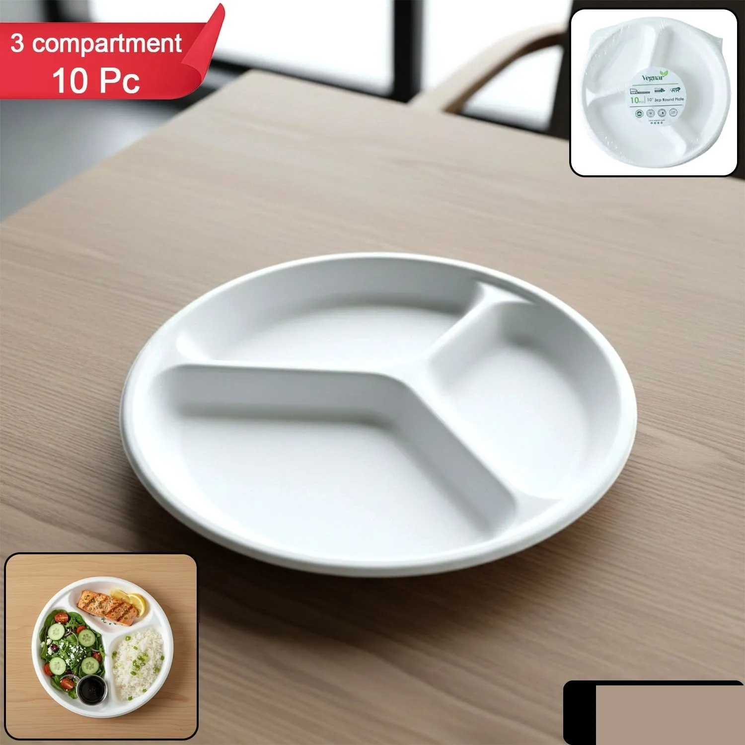 Compostable 10 Inch 3-Compartment Bagasse Plate – Leak-Resistant & Eco-Friendly - Detailed Feature View 1