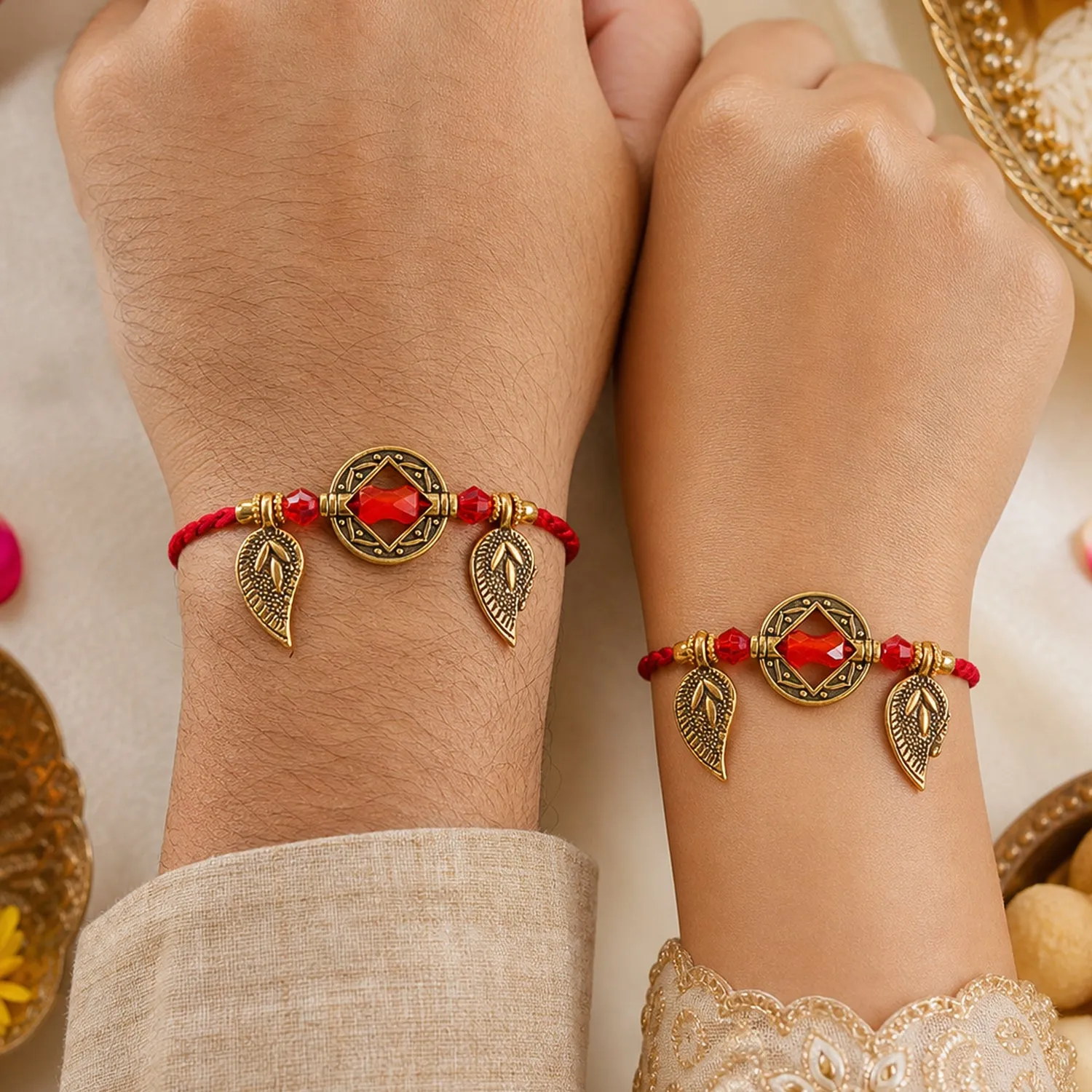 Classic Geometric Square Bhai Bhabhi Rakhi with Gem Center and Leaf Charms for Gift - Detailed Feature View 2