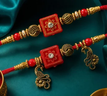Classic Geometric Square Bhai Bhabhi Rakhi with Square Bead and Leaf Charm for Gift