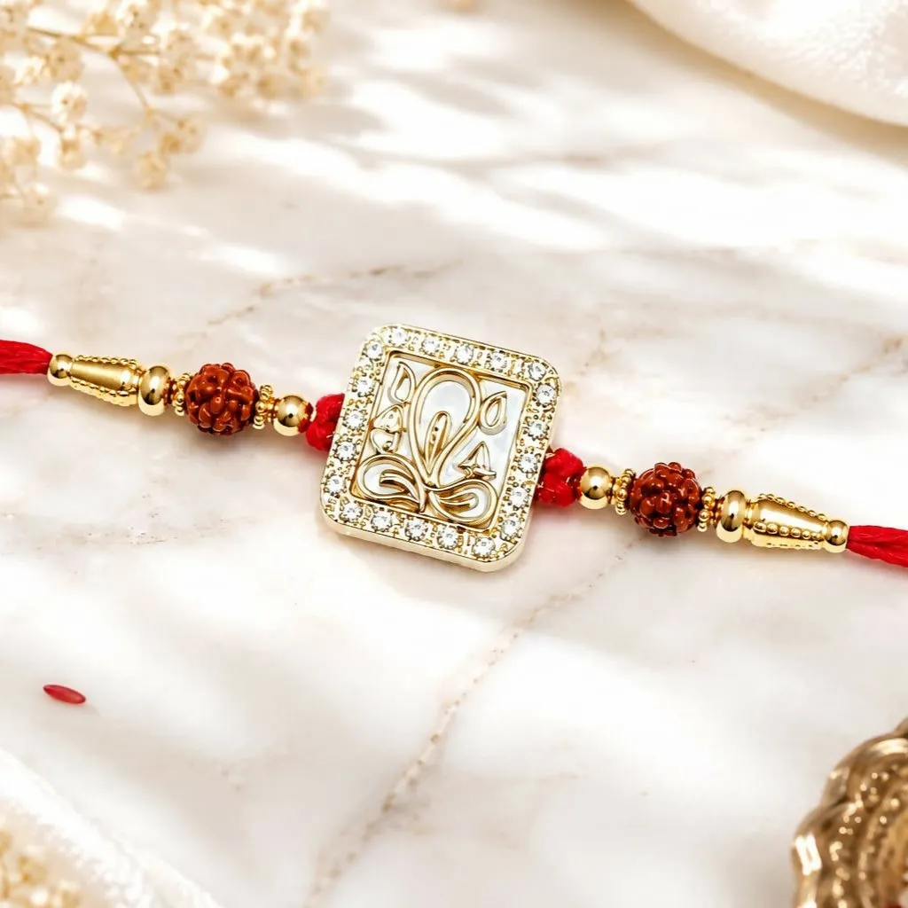Premium Divine Square Ganesha Dial Rakhi with Crystal Border & Rudraksha Accents - Buy Online at Alikart