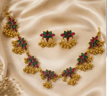 Gold Plated Floral Kundan Necklace Set with Matching Earrings and Ghungroo Details