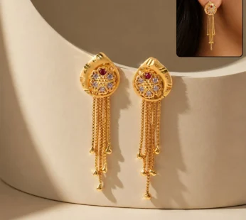 Gold Plated Teardrop Flower Dangle Earrings with Multi Chain Tassel Drop Design