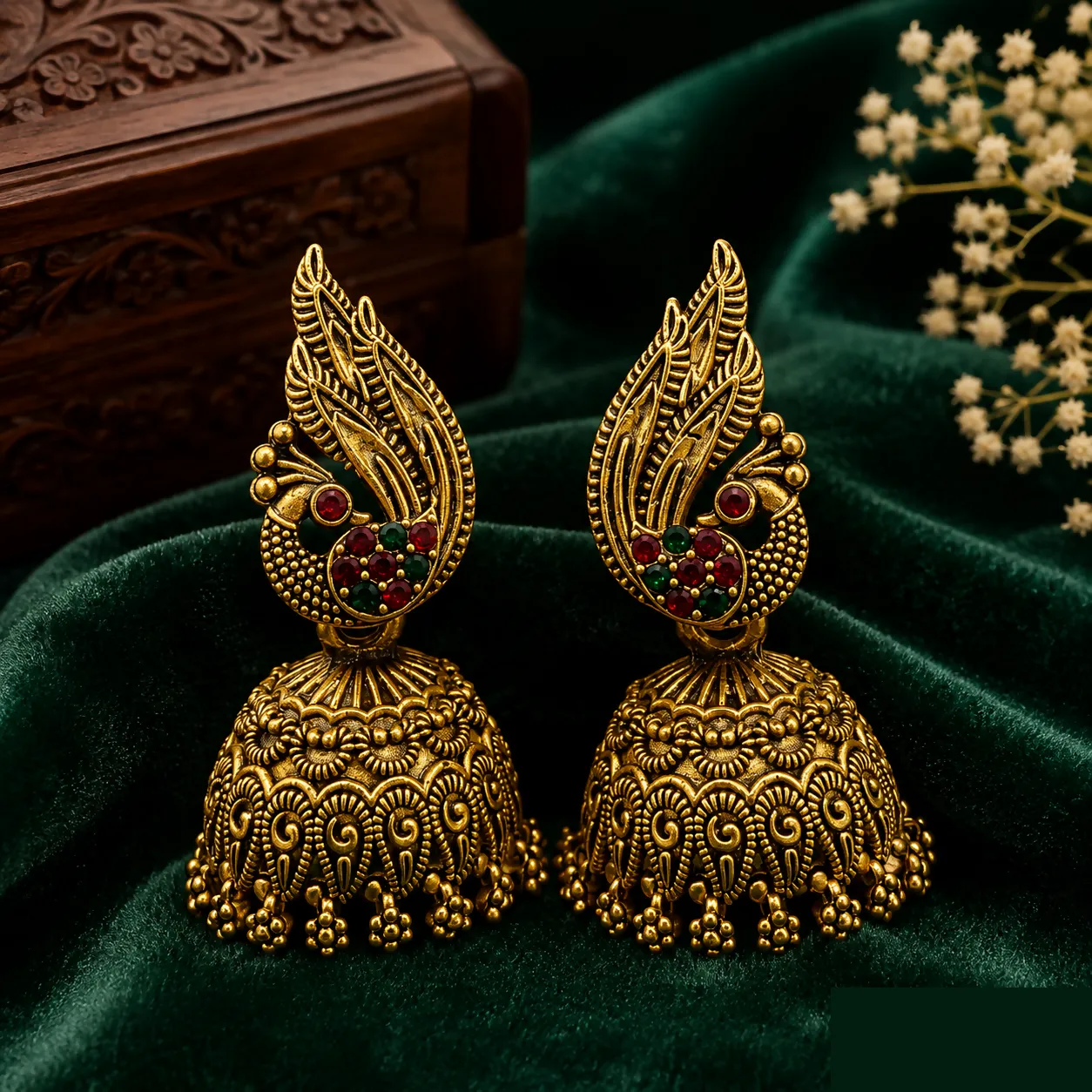 Antique Gold Designer Jhumka Earrings with Red & Green Stones | Traditional Ethnic Bell Jhumka Earrings for Women