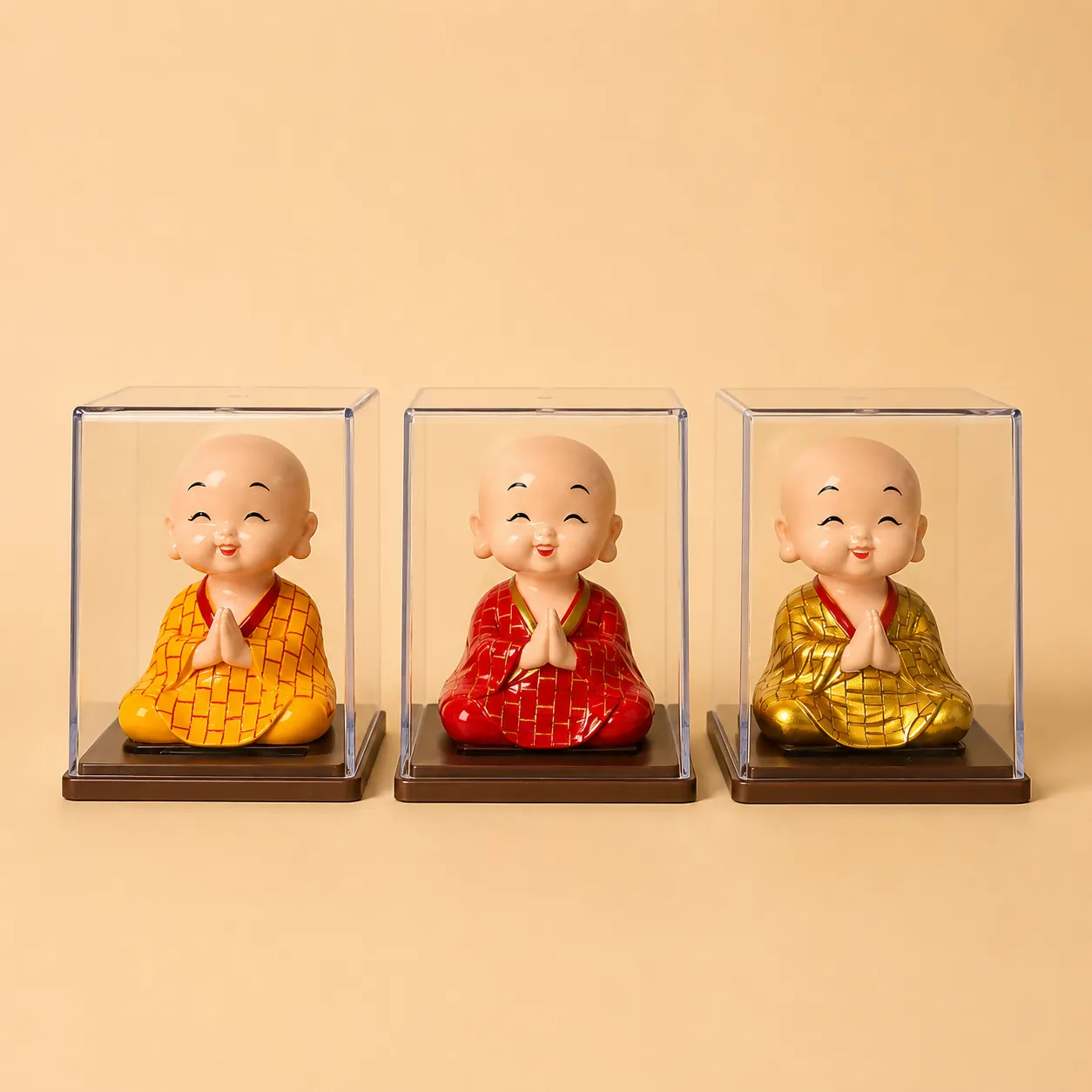 Solar Bobble Head Monk Showpiece in Acrylic Case for Car & Home Decor - Detailed Feature View 3