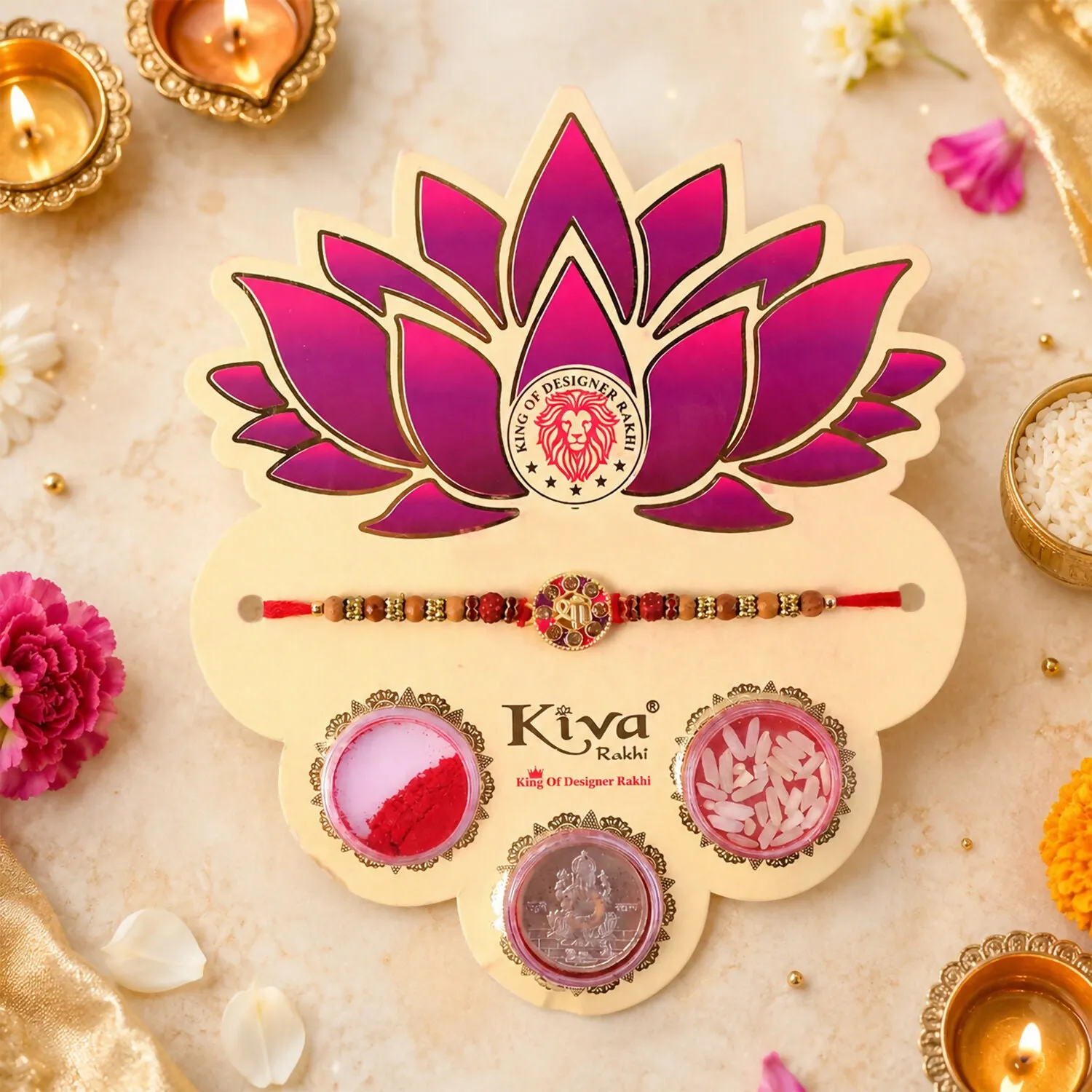 Premium Designer Shri Kundan Rudraksha Wooden Beads Rakhi with Roli Chawal Silver Coin Set - Buy Online at Alikart