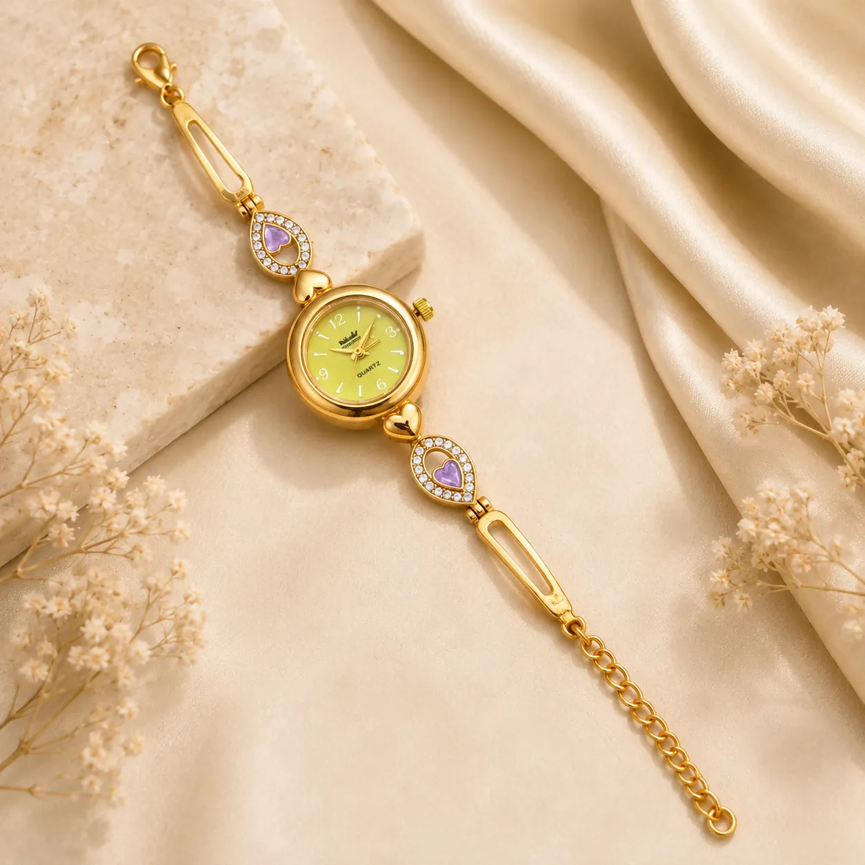 Premium Elegant Gold-Tone Bracelet Watch with Pastel Yellow Dial and Purple Heart Accents - Buy Online at Alikart