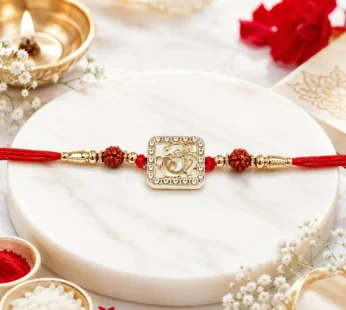 Sacred Square Om Dial Rakhi with Crystal Border & Rudraksha Beads