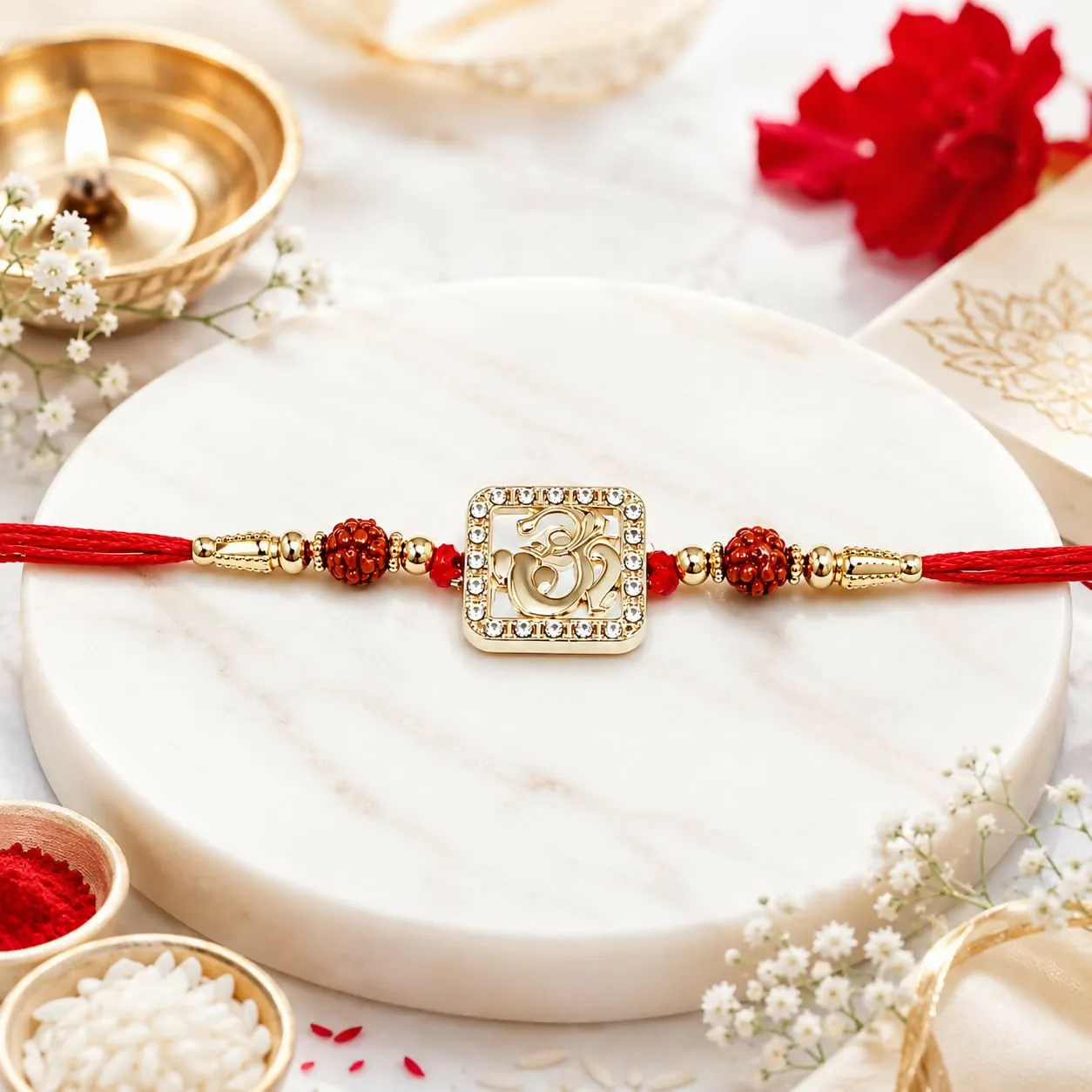 Premium Sacred Square Om Dial Rakhi with Crystal Border & Rudraksha Beads - Buy Online at Alikart