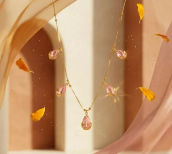 Gold-Tone Pink Teardrop Charm Necklace for Women, Elegant Festive Fashion Jewellery