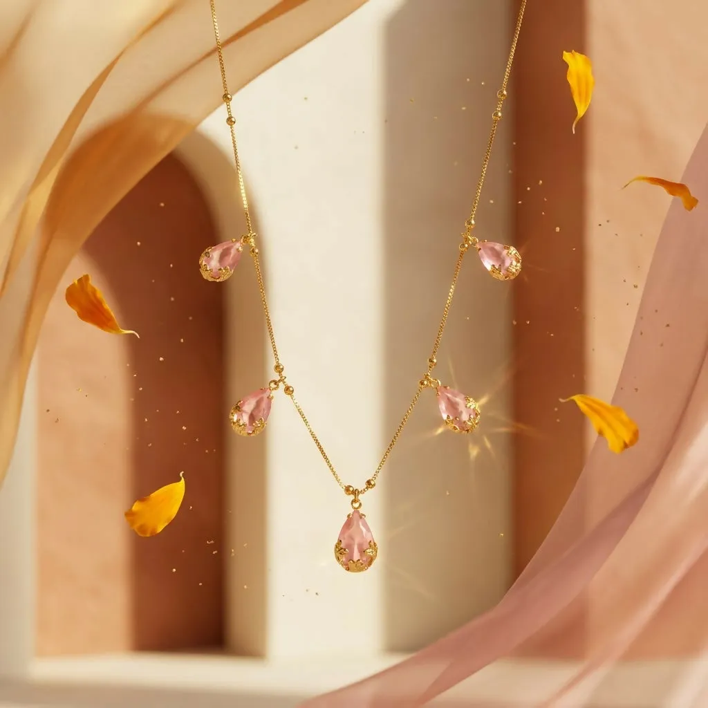 Premium Gold-Tone Pink Teardrop Charm Necklace for Women, Elegant Festive Fashion Jewellery - Buy Online at Alikart