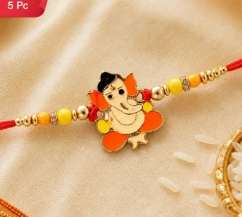 Bal Ganesha Rakhi Vibrant Orange-Green Beads & Red Thread (5pcs)