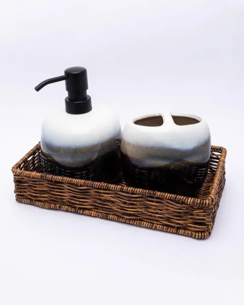 Bathroom Set, Rust Proof Chrome Finish, with Wooden Top, Blue, Ceramic