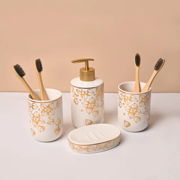 Bathroom Set (Set of 4) – White & Golden Ceramic (Leaf Design)