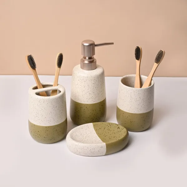 Bathroom Set (Set of 4) – White & Green Ceramic