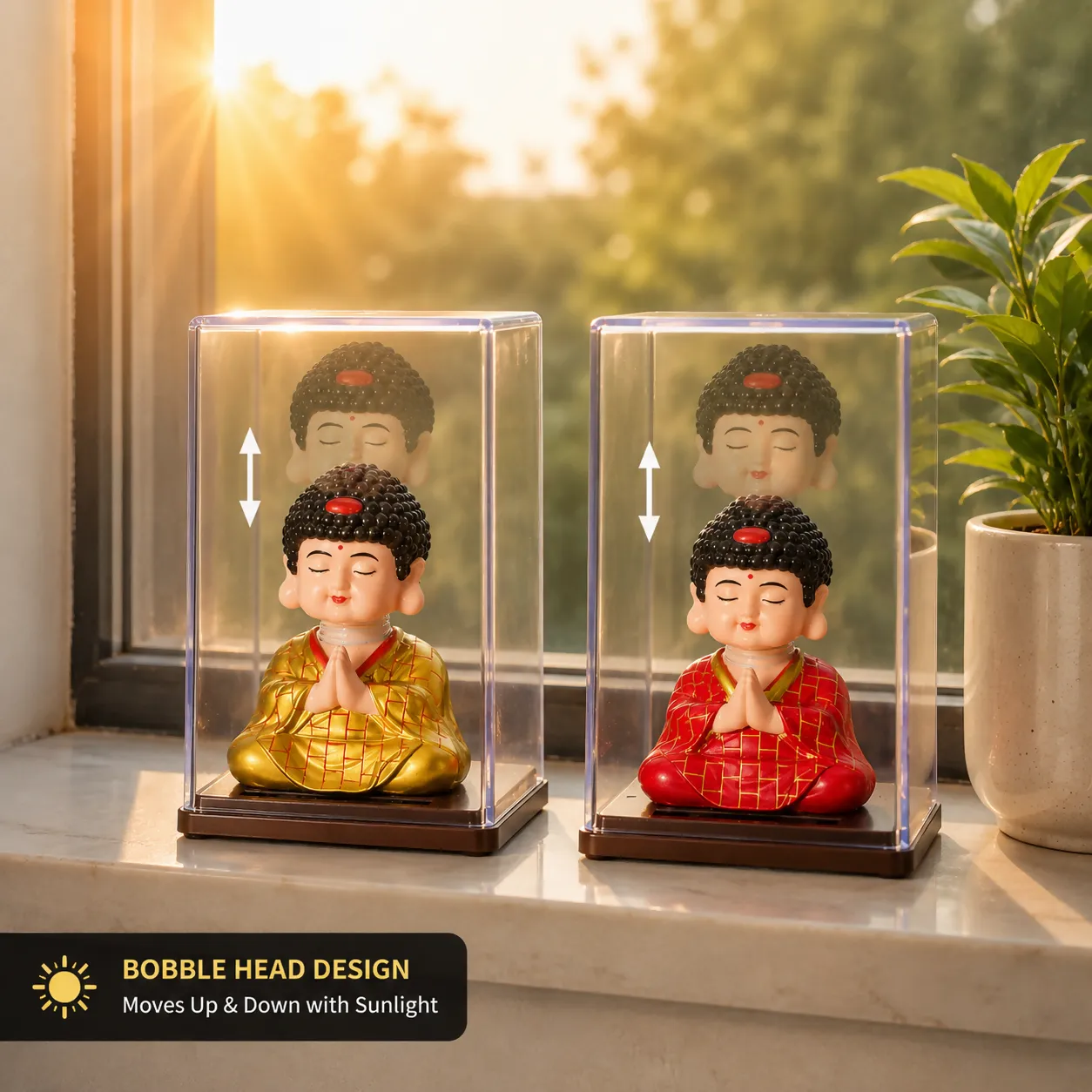 Solar Bobble Head Buddha Idol in Display Case for Car Dashboard & Home Decor (Color may vary 1 PC) - Detailed Feature View 2
