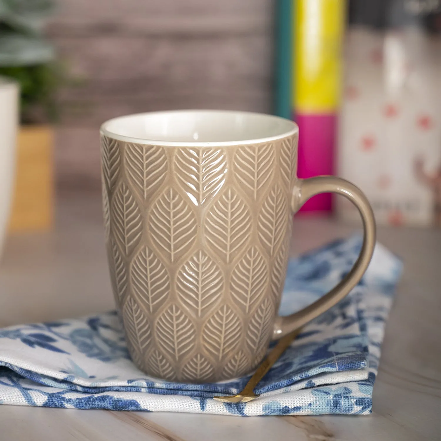 Premium Beige Ceramic Mug - 360Ml, Leaf Pattern - Buy Online at Alikart